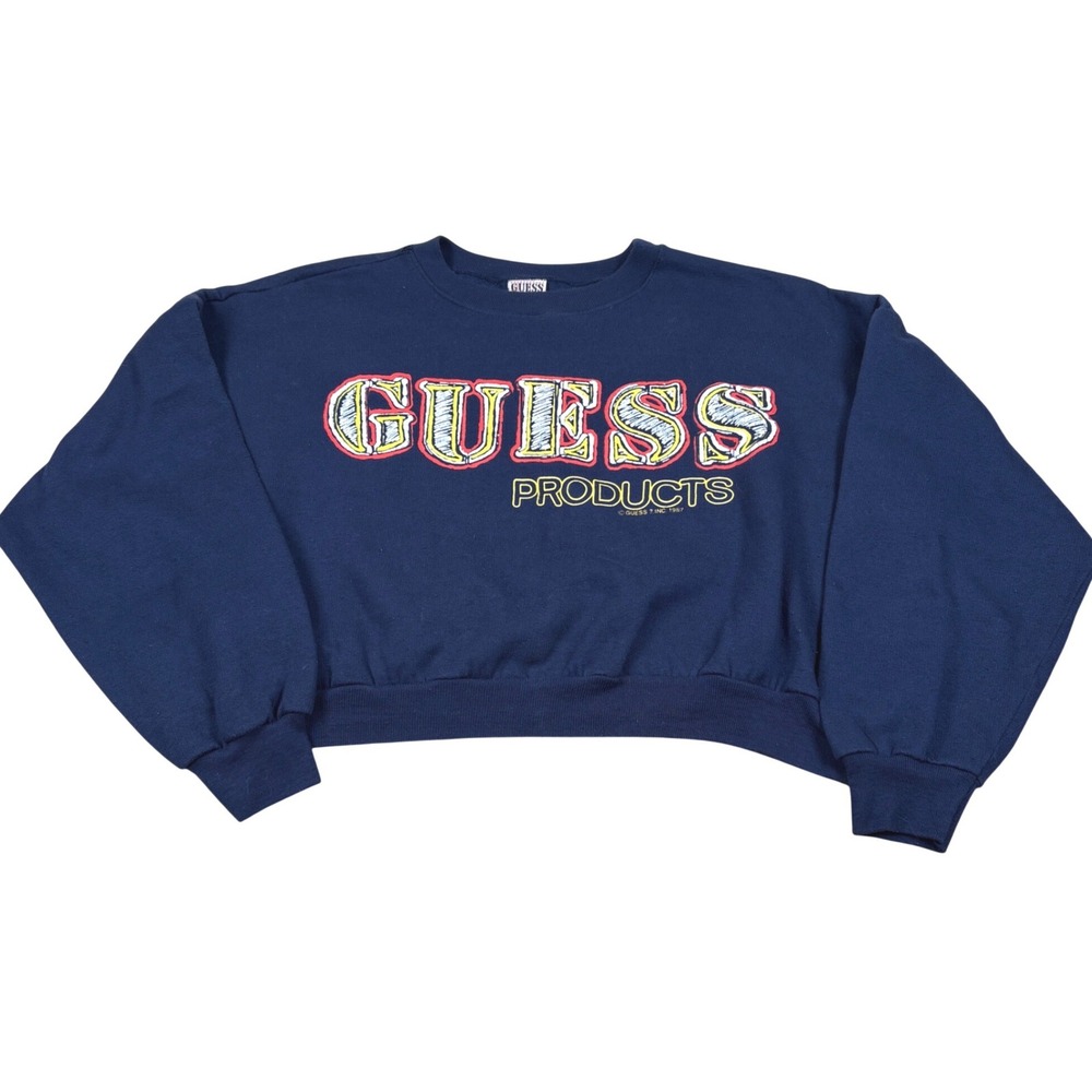 VTG Guess Cropped Sweatshirt Womens Medium Navy Blue Retro 80s Made In USA